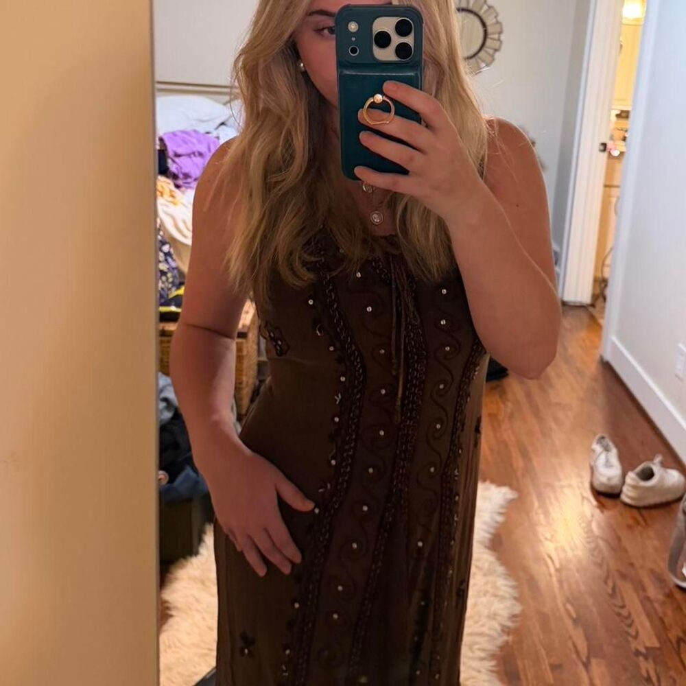 Beaded and embroidered brown dress with tie in the back